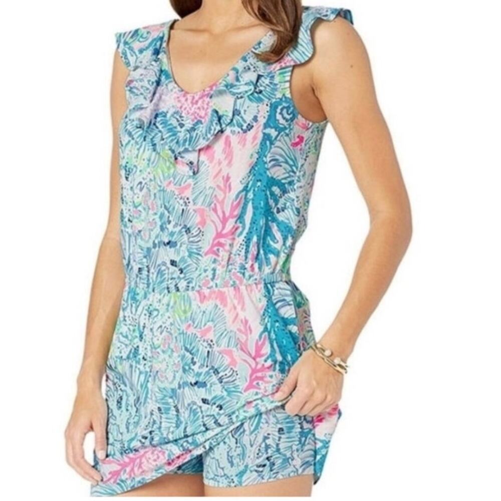 Lilly Pulitzer Alessa Romper in Sink Or Swim Print Womens Size XS Ruffle Vneck